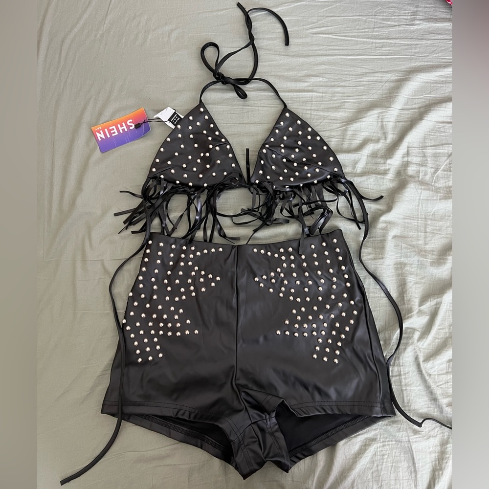 SHEIN Faux Leather Studded Fringe Two Piece Set - new w/ tags